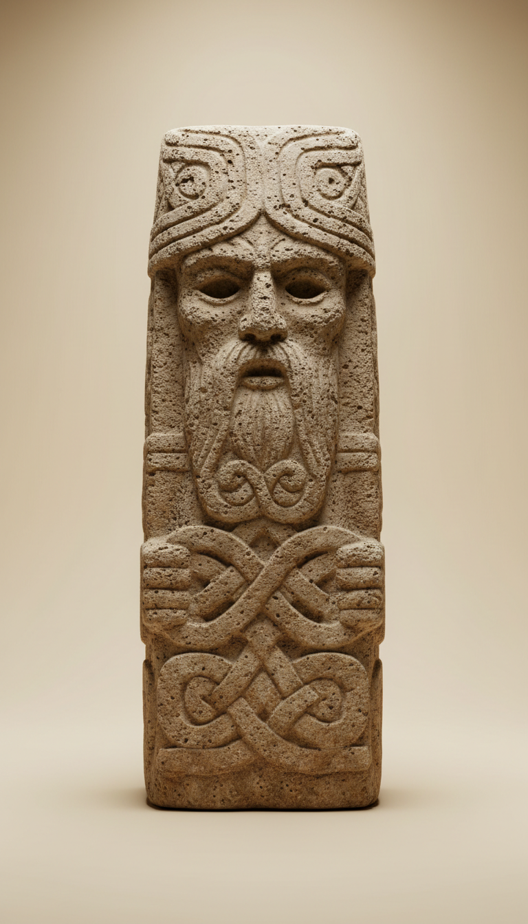Pagan stone statue with rune carving